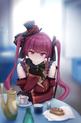 Rule 34 | 1girl, bare shoulders, black gloves, blush, breasts, cup, detached sleeves, gloves, hat, heterochromia, highres, hololive, houshou marine, large breasts, long hair, long sleeves, looking at viewer, mini hat, oumi (rsag), red eyes, red hair, sitting, smile, solo, table, teacup, teapot, twintails, virtual youtuber, yellow eyes