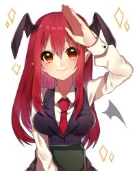 Rule 34 | &gt;:), 1girl, arm up, bat wings, book, breasts, demon wings, head wings, highres, koakuma, large breasts, long hair, looking at viewer, necktie, one-hour drawing challenge, pointy ears, red eyes, red hair, red necktie, renka (sutegoma25), salute, smile, solo, touhou, upper body, v-shaped eyebrows, vest, wings