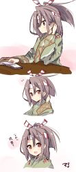 Rule 34 | 10s, 1girl, 3koma, :d, absurdres, adjusting hair, amano kouki, artist name, book, brown eyes, brown hair, comic, commentary request, eyebrows, from side, hachimaki, hair between eyes, hair flip, headband, highres, japanese clothes, kantai collection, long hair, looking at viewer, matching hair/eyes, open book, open mouth, ponytail, reading, remodel (kantai collection), smile, solo, table, text focus, translated, zuihou (kancolle)