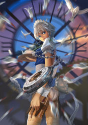Rule 34 | 1girl, aiming, aiming at viewer, apron, ass, bird, blue dress, blue eyes, blurry, braid, clock, depth of field, dove, dress, garter straps, highres, holster, izayoi sakuya, jeanex, knife, lace, lace-trimmed legwear, lace-trimmed panties, lace trim, looking at viewer, maid, maid apron, maid headdress, panties, pantyshot, pigeon, pocket watch, puffy sleeves, roman numeral, shirt, short sleeves, silver hair, solo, standing, teapot, thigh holster, thighhighs, throwing knife, touhou, tray, twin braids, underwear, upskirt, waist apron, watch, weapon, white panties, white thighhighs, wind, wind lift, wrist cuffs