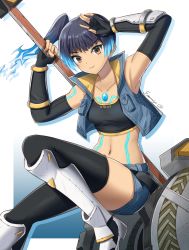 Rule 34 | 1girl, brown eyes, chest jewel, fgsketch, fiery hair, glowing lines, hammer, highres, holding, holding weapon, leggings, navel, sena (xenoblade), shoulder strap, signature, simple background, solo, sports bra, weapon, white background, xenoblade chronicles (series), xenoblade chronicles 3