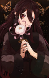 Rule 34 | 1girl, absurdres, black nails, brown hair, bug, butterfly, chinese clothes, coat, flat chest, flower, flower-shaped pupils, genshin impact, gradient hair, hair between eyes, highres, hu tao (genshin impact), insect, jewelry, long hair, looking at viewer, multicolored hair, nail polish, plum blossoms, red eyes, ring, simple background, symbol-shaped pupils, takushii