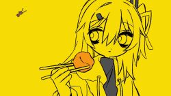 Rule 34 | 2girls, a.i. voice, adachi rei, chopsticks, closed mouth, drawstring, flat color, fried chicken, grey shirt, hair between eyes, hair ornament, hair ribbon, hairclip, hand up, hashtag-only commentary, highres, holding, holding chopsticks, jacket, kasane teto, looking at viewer, medium hair, mochi (na si), monochrome, multiple girls, one side up, open clothes, open jacket, radio antenna, ribbon, shirt, simple background, solo focus, spot color, turtleneck, upper body, utau, yellow background, yellow theme