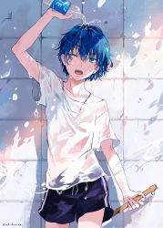 Rule 34 | 1boy, black shorts, blue eyes, blue hair, bottle, hair between eyes, highres, holding, holding bottle, jewelry, looking at viewer, male focus, necklace, one eye closed, open mouth, original, ozadomi, shirt, shorts, water, water bottle, wet, wet clothes, wet shirt, white shirt