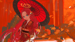 Rule 34 | 1girl, absurdres, autumn, autumn leaves, blue archive, blue eyes, bow, closed mouth, forehead, hair bow, halo, highres, holding, holding umbrella, iinagi (kashiwa keira), japanese clothes, kimono, leaf, long hair, long sleeves, looking at viewer, maple leaf, obi, oil-paper umbrella, pink bow, red hair, red kimono, sash, solo, umbrella, very long hair, wide sleeves, yellow halo, yuzu (blue archive)