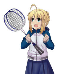 Rule 34 | 1girl, ahoge, alternate costume, artoria pendragon (all), artoria pendragon (fate), badminton racket, blonde hair, braid, commentary request, fate/stay night, fate (series), french braid, green eyes, hair ribbon, highres, jacket, open mouth, racket, ribbon, saber (fate), short hair, simple background, solo, track jacket, urako