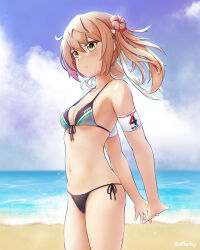 Rule 34 | 1girl, arthur ko, bare arms, bare legs, bare shoulders, beach, bikini, black bikini, blush, closed mouth, clothes writing, cloud, cloudy sky, collarbone, commission, cowboy shot, day, groin, highres, kantai collection, light brown hair, medium hair, michishio (kancolle), navel, ocean, outdoors, pixiv commission, sky, solo, swimsuit, twitter username, yellow eyes