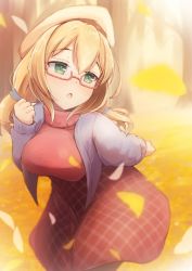 Rule 34 | 1girl, alternate costume, blonde hair, breasts, commentary request, glasses, green eyes, grey jacket, hat, highres, i-8 (kancolle), jacket, kantai collection, large breasts, long hair, low twintails, open clothes, open jacket, peaked cap, plaid, plaid skirt, red-framed eyewear, red skirt, red sweater, semi-rimless eyewear, skirt, solo, sweater, twintails, under-rim eyewear, yomitsuna