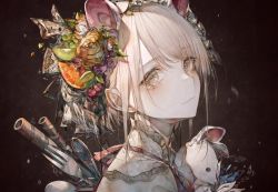 Rule 34 | 1girl, absurdres, animal ears, blueberry, cherry, fake animal ears, flower, food, fork, fruit, grey eyes, grey hair, hair flower, hair fruit, hair ornament, highres, hito komoru, kiwi (fruit), kiwi slice, light particles, lips, looking at viewer, orange (fruit), original, ornate clothes, parted lips, portrait, rose, shadow, short hair, sideways glance, solo