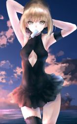 Rule 34 | 1girl, arm strap, armpits, arms up, artoria pendragon (alter swimsuit rider) (fate), artoria pendragon (alter swimsuit rider) (first ascension) (fate), artoria pendragon (fate), black bow, black one-piece swimsuit, blonde hair, blue sky, bow, breasts, casual one-piece swimsuit, cloud, cowboy shot, day, fate/grand order, fate (series), food, hair between eyes, hair bow, highres, ice cream, looking away, medium breasts, mouth hold, one-piece swimsuit, outdoors, rinsu (kilakira13), short hair with long locks, sidelocks, sky, solo, standing, swimsuit, thigh strap, tying hair, underboob, yellow eyes