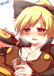 Rule 34 | 1girl, alcohol, bad id, bad link, bad twitter id, blonde hair, blush, bottle, bow, breasts, cleavage, drooling, drunk, glass, hair bow, heavy breathing, kisaragi zwei, kurodani yamame, large breasts, pouring, saliva, solo, touhou