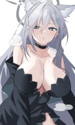 Rule 34 | 1girl, animal ear fluff, animal ears, black dress, blue archive, blue eyes, breasts, choker, cleavage, collarbone, dress, grey hair, halo, large breasts, long hair, looking at viewer, mismatched pupils, parted lips, shiroko terror (blue archive), simple background, solo, sweat, tsumayouji (tumayog), upper body, white background, wolf ears