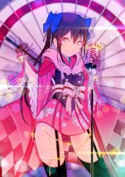 Rule 34 | 1girl, artist request, black gloves, black hair, black legwear, blue bow, blush, bow, bowtie, breasts, female focus, floral print, flower print, fur-trimmed kimono, fur trim, garter straps, gloves, hair between eyes, hair bow, highres, holding, holding microphone, holding microphone stand, holding umbrella, japanese clothes, kimono, kimono skirt, long hair, long sleeves, looking at viewer, love live!, love live! school idol project, microphone, microphone stand, miniskirt, obi, oil-paper umbrella, parted lips, pink kimono, pink wrist cuffs, plaid, plaid skirt, pleated, pleated skirt, red eyes, sash, short hair, short twintails, skirt, small breasts, smile, solo, twintails, umbrella, white bow, wrist cuffs, yazawa nico