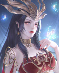 Rule 34 | 1girl, black hair, bug, butterfly, cai lin (doupo cangqiong), doupo cangqiong, dress, earrings, feng shen yao tianshi, glowing, glowing butterfly, glowing eyes, hair ornament, highres, insect, jewelry, long hair, looking up, nail polish, pointy ears, red dress, red nails, slit pupils, solo, teeth, upper body