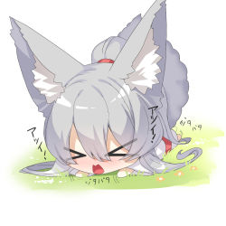 Rule 34 | &gt; &lt;, 1girl, afterimage, animal ear fluff, animal ears, barefoot, big head, blush, chibi, closed eyes, commentary request, facing viewer, fox ears, fox girl, fox tail, full body, grey hair, hair between eyes, highres, japanese clothes, kimono, long hair, long sleeves, lying, obi, on grass, on stomach, open mouth, original, ponytail, sash, simple background, solo, tail, translation request, very long hair, wavy mouth, white background, white kimono, wide sleeves, yuuji (yukimimi)