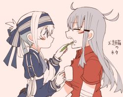 Rule 34 | 2girls, ainu clothes, bad id, bad twitter id, belt, black gloves, blue hair, blush, brown gloves, brushing teeth, commentary request, cup, dress, closed eyes, facial scar, gangut (kancolle), gloves, grey hair, hair between eyes, hair ornament, hairclip, headband, heart, hug, itomugi-kun, jacket, jacket on shoulders, kamoi (kancolle), kantai collection, long hair, looking at another, multicolored hair, multiple girls, no headwear, no headwear, open mouth, ponytail, red shirt, remodel (kantai collection), scar, scar on cheek, scar on face, shirt, simple background, toothbrush, translation request, white hair, yuri