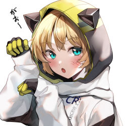 Rule 34 | 1girl, :o, absurdres, animal hood, animification, apex legends, black gloves, blonde hair, blue eyes, blush, cat hood, cosplay, facial scar, gloves, highres, hood, hoodie, looking to the side, nitogebeto, paw pose, scar, scar on cheek, scar on face, scarf, short hair, solo, void prowler wraith, wattson (apex legends), white background, white hoodie, white scarf, wraith (apex legends), wraith (apex legends) (cosplay)