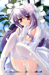 1girl absurdres bare_shoulders breasts cleavage dress fairly_life female_focus flower garter_straps gloves hair_flower hair_ornament highres long_hair matsushita_makako nipple_slip nipples purple_hair red_eyes sitting smile solo takaoka_miku thighhighs wedding_dress white_thighhighs