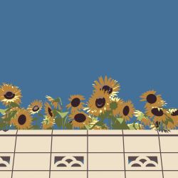 Rule 34 | day, flower, from below, highres, no humans, original, outdoors, sky, sunflower, tile wall, tiles, too many, wateroic