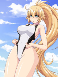 Rule 34 | 1girl, abu, blonde hair, blue eyes, blue sky, breasts, clothes pull, cloud, commentary request, competition swimsuit, cowboy shot, day, fate/apocrypha, fate/grand order, fate (series), highleg, highleg swimsuit, highres, jeanne d&#039;arc (fate), jeanne d&#039;arc (ruler) (fate), jeanne d&#039;arc (swimsuit archer) (fate), jeanne d&#039;arc (swimsuit archer) (second ascension) (fate), large breasts, long hair, looking at viewer, one-piece swimsuit, one-piece swimsuit pull, ponytail, sky, solo, standing, swimsuit, very long hair, white one-piece swimsuit