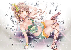 Rule 34 | 10s, 1girl, ankle lace-up, arm support, armband, bare shoulders, blush, bow, breasts, brown eyes, choker, cleavage, cross-laced footwear, dsmile, earrings, gladiator sandals, grey hair, hair bow, hair bun, jewelry, looking at viewer, love live!, love live! school idol project, medium breasts, midriff, minami kotori, natsuiro egao de 1 2 jump!, navel, open mouth, revision, sandals, shorts, single hair bun, solo