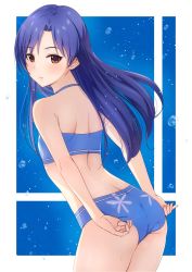 Rule 34 | 1girl, adjusting clothes, adjusting swimsuit, arms behind back, ass, back, bikini, blue background, blue bikini, blue hair, blush, brown eyes, commentary request, cowboy shot, expressionless, flat chest, floral print, highres, idolmaster, idolmaster (classic), kisaragi chihaya, long hair, looking at viewer, miyar2d2, parted lips, scapular, solo, swimsuit, thighs, water drop