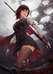 Rule 34 | 1girl, black skirt, brown eyes, brown hair, brown thighhighs, bustier, cheesewoo, closed mouth, crescent rose, from below, gradient hair, highres, holding, holding scythe, long sleeves, miniskirt, multicolored hair, petals, pleated skirt, red hair, ruby rose, rwby, scythe, shirt, short hair, skirt, solo, standing, thighhighs, torn clothes, torn thighhighs, white shirt, zettai ryouiki