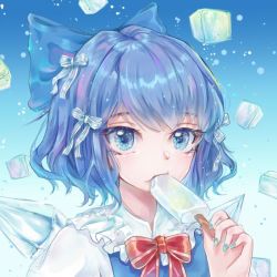 Rule 34 | 1girl, bad id, bad pixiv id, blue dress, blue eyes, blue hair, cirno, commentary request, dress, face, food, frills, ice, ice cream, ice cube, ice wings, looking at viewer, mioda xi, red ribbon, ribbon, short hair, simple background, solo, star (symbol), star in eye, symbol in eye, touhou, white sleeves, wings
