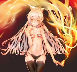 Rule 34 | 1girl, arms at sides, artist name, black panties, black thighhighs, bow, breasts, burning, cat ear panties, chinese commentary, closed mouth, commentary request, facial mark, finger to mouth, fujiwara no mokou, gluteal fold, grey hair, groin, hair between eyes, hair bow, hbb, highres, long hair, looking at viewer, navel, panties, pasties, side-tie panties, small breasts, smile, solo, thighhighs, touhou, underwear, underwear only, very long hair, whisker markings, white bow
