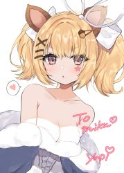 1girl absurdres animal_ears blonde_hair blush commission food-themed_hair_ornament fur_collar hair_ornament hair_ribbon hairclip highres indie_virtual_youtuber open_mouth ribbon risu_(oppabo) solo star_(symbol) virtual_youtuber white_background x_hair_ornament yupi_(yuyupiko01)