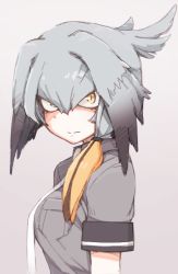 Rule 34 | 10s, 1girl, black hair, blouse, from side, gradient background, grey hair, grey shirt, hair between eyes, head wings, kemono friends, looking at viewer, low ponytail, mochi (mochi444420), multicolored hair, necktie, shirt, shoebill (kemono friends), short sleeves, side ponytail, simple background, solo, upper body, wings, yellow eyes