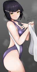 Rule 34 | 1girl, abataa, absurdres, alternate costume, black hair, breasts, competition swimsuit, cowboy shot, from side, hair bun, hair ornament, hairclip, highleg, highleg swimsuit, highres, holding, holding towel, kantai collection, looking at viewer, medium breasts, myoukou (kancolle), one-piece swimsuit, purple one-piece swimsuit, single hair bun, smile, solo, standing, swimsuit, towel, two-tone swimsuit, white one-piece swimsuit, yellow eyes