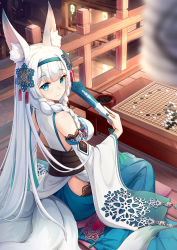 Rule 34 | 1girl, absurdres, animal ear fluff, animal ears, blue hakama, blue nails, blunt bangs, blurry, blurry foreground, board game, braid, breasts, chiya 1589505970, closed mouth, clover theater, commentary request, depth of field, detached sleeves, earrings, fox ears, fox girl, fox tail, from side, hakama, hakama skirt, highres, hip vent, holding, japanese clothes, jewelry, kimono, long hair, long sleeves, looking at viewer, looking to the side, medium breasts, multiple tails, nail polish, railing, silver hair, sitting, skirt, smile, solo, straight hair, tail, tassel, twin braids, very long hair, white kimono, wide sleeves, yokozuwari