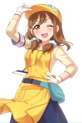 Rule 34 | &gt;;d, 1girl, ;d, adjusting clothes, adjusting headwear, apron, armband, baseball cap, blue skirt, blush, brown eyes, brown hair, fanny pack, gloves, hair over shoulder, hand on own hip, hat, highres, kunikida hanamaru, looking at viewer, love live!, love live! school idol festival, love live! sunshine!!, low twintails, one eye closed, open mouth, placard, sekina, shirt, sign, simple background, skirt, smile, solo, twintails, uniform, v-shaped eyebrows, white background, yellow apron, yellow hat, yellow shirt