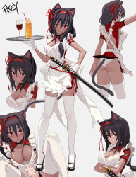 Rule 34 | 1girl, animal ears, apron, arm up, ass, back cutout, black hair, black thighhighs, blush, breast hold, breasts, cat ears, cat tail, cleavage, clenched teeth, closed mouth, clothing cutout, covered erect nipples, crossed arms, dark skin, dress, fkey, full body, gloves, grey background, hair between eyes, hair ribbon, hairband, hand on own hip, katana, knees up, lips, looking at viewer, mary janes, medium breasts, multiple views, nose blush, original, panties, parted lips, profile, pulling another&#039;s clothes, red dress, red eyes, red hairband, ribbon, sheath, sheathed, shoes, short dress, side slit, signature, simple background, sitting, smile, spread legs, standing, sword, tail, tassel, teeth, thighhighs, tsurime, underwear, upper body, upskirt, weapon, white apron, white gloves, white panties, white thighhighs, zettai ryouiki