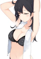 Rule 34 | 10s, 1girl, alternate costume, armpits, arms behind head, arms up, bikini, black hair, blush, breasts, cleavage, closed eyes, closed mouth, cole (coleltu), cowlick, kantai collection, long hair, medium breasts, navel, polka dot, polka dot bikini, simple background, solo, stomach, sweat, swimsuit, towel, towel around neck, upper body, ushio (kancolle), white background
