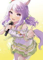 Rule 34 | 1girl, absurdres, anbutter siruko, animal ears, bare shoulders, hair ornament, highres, holding, holding microphone, horse ears, horse girl, horse tail, long hair, looking at viewer, mejiro mcqueen (ripple fairlady) (umamusume), mejiro mcqueen (umamusume), microphone, official alternate costume, open mouth, purple eyes, purple hair, solo, swept bangs, swimsuit, tail, twitter username, umamusume