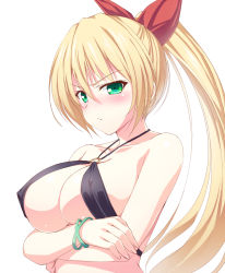Rule 34 | 1girl, :/, arms under breasts, bare arms, bare shoulders, bikini, black bikini, blonde hair, blush, breast hold, breasts, cleavage, closed mouth, collarbone, covered erect nipples, fingernails, green eyes, hair between eyes, hair ribbon, high ponytail, highres, large breasts, long hair, looking at viewer, naoki (endofcentury102), nose blush, o-ring, o-ring bikini, o-ring top, original, ponytail, red ribbon, ribbon, simple background, solo, swimsuit, upper body, v-shaped eyebrows, very long hair, white background