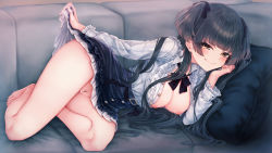 Rule 34 | 1girl, black bow, black bowtie, black hair, black skirt, blunt bangs, blush, bow, bowtie, breasts, cleft of venus, clothes lift, couch, cushion, female pubic hair, frilled shirt, frills, hand on own cheek, hand on own face, high-waist skirt, highres, idolmaster, idolmaster shiny colors, large breasts, lifting own clothes, looking at viewer, lying, mayuzumi fuyuko, nipples, on side, petticoat, pubic hair, pussy, shirt, shirt tucked in, skirt, skirt hold, skirt lift, smile, solo, two side up, wakaba (945599620)