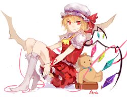 Rule 34 | 1girl, absurdres, annnna, blonde hair, dress, flandre scarlet, hat, highres, looking at viewer, pink ribbon, red dress, red eyes, ribbon, short hair, simple background, smile, solo, stuffed animal, stuffed toy, teddy bear, touhou, white background, white legwear, wings
