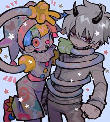 Rule 34 | 1boy, 1girl, absurdres, anger vein, bell, black horns, blue background, blunt bangs, blush stickers, buttons, closed mouth, clown, clown nose, cropped legs, demon horns, ear piercing, gloves, green gloves, grey hair, grey pants, grey sweater, hat, highres, horns, hug, jester cap, jingle bell, light blue background, long arms, multicolored hair, notice lines, one eye closed, open mouth, orange eyes, original, pants, piercing, rainbow hair, red eyes, shaded face, short hair, simple background, smile, star (symbol), sweater, teeth, tonkatsu184, two-tone gloves, upper teeth only, v, yellow gloves, yellow sleeves