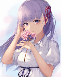Rule 34 | 1girl, anje (awww2555), artist request, bad id, bad pixiv id, breasts, check artist, fate/stay night, fate (series), flower, hair ribbon, highres, holding, holding flower, long hair, looking at viewer, matou sakura, medium breasts, nail polish, official alternate costume, pink flower, pink nails, purple eyes, purple hair, purple ribbon, red ribbon, ribbon, short sleeves, smile, solo, upper body