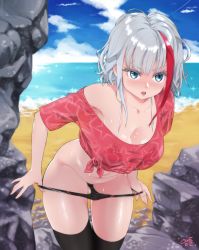 Rule 34 | 1girl, admiral graf spee (azur lane), anyway (amteun), armpits, azur lane, bare arms, bare shoulders, beach, bikini, bikini pull, bikini under clothes, black thighhighs, blue eyes, blue sky, blush, breasts, cleavage, cliff, clothes pull, cloud, collarbone, commentary request, crop top, day, highres, large breasts, leaning forward, multicolored hair, navel, ocean, open mouth, outdoors, pulling own clothes, shirt, short hair, sidelocks, signature, sky, solo, stomach, streaked hair, string bikini, sunlight, swimsuit, thigh gap, thighhighs, tied shirt, white hair