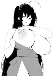 Rule 34 | 1girl, absurdres, ahoge, azur lane, bare shoulders, black hair, blush, breasts, breasts out, choker, cleavage, clothes pull, cocktail dress, dress, dress pull, greyscale, hair between eyes, hair ornament, hakai shin, highres, huge breasts, long hair, looking at viewer, monochrome, navel, nipples, no bra, one side up, open mouth, simple background, smile, solo, taihou (azur lane), taihou (forbidden feast) (azur lane), white background