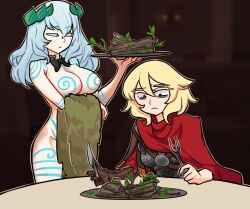 Rule 34 | 2girls, armor, black bow, black bowtie, blonde hair, blue hair, body markings, borrowed character, bow, bowtie, breasts, brown gloves, carving fork, centurii-chan, centurii-chan (artist), cleavage, cloak, closed eyes, colored eyelashes, food, fork, gloves, head wreath, holding utensil, knife, large breasts, leaf, long hair, medium breasts, multiple girls, nude, original, pictish witch (anonhistory), plate, red cloak, red eyes, roman armor, single glove, table, tree bark, waitress
