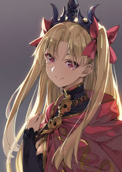 Rule 34 | 1girl, black cape, black dress, blonde hair, bow, cape, closed mouth, commentary request, crown, detached collar, dress, earrings, ereshkigal (fate), fate/grand order, fate (series), fur-trimmed cape, fur trim, gold trim, hair ribbon, hoop earrings, jewelry, long hair, multicolored cape, multicolored clothes, necklace, parted bangs, purple bow, red cape, red eyes, red ribbon, ribbon, single sleeve, skull, smile, spine, tiara, tohsaka rin, two side up, yahako, yellow cape