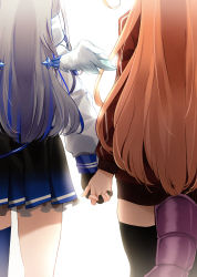 Rule 34 | 2girls, absurdres, amane kanata, amane kanata (work), angel, angel wings, black gloves, black skirt, black thighhighs, blue hair, blue skirt, blue thighhighs, blue wings, colored inner hair, commentary request, dragon girl, dragon tail, feathered wings, feet out of frame, from behind, gloves, gradient skirt, gradient wings, highres, hiroikara (smhong04), holding hands, hololive, hood, hood down, hooded jacket, huge filesize, interlocked fingers, jacket, kiryu coco, kiryu coco (loungewear), long hair, long sleeves, multicolored hair, multicolored wings, multiple girls, official alternate costume, partially fingerless gloves, pleated skirt, red jacket, side-by-side, silver hair, simple background, skirt, standing, tail, thighhighs, thighs, track jacket, virtual youtuber, white background, white jacket, white wings, wings