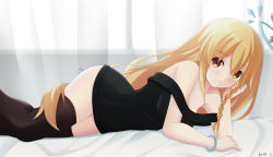Rule 34 | 1girl, bad id, bad pixiv id, black thighhighs, blonde hair, blush, braid, keenh, long hair, looking at viewer, lying, million arthur (neptunia), neptune (series), on bed, on stomach, open mouth, shin jigen game neptune vii, side braid, solo, thighhighs, yellow eyes