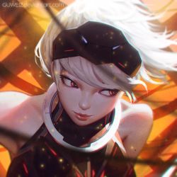 Rule 34 | 1girl, armpit peek, armpits, bare shoulders, commentary, deviantart username, fire, guweiz, hairband, long hair, looking to the side, muscular, orange eyes, original, science fiction, shadow, solo, upper body, white hair