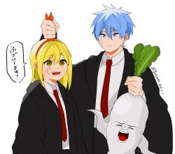 Rule 34 | 1boy, 1girl, artist name, black robe, blonde hair, blue eyes, blue hair, dated, facial mark, food, genjitsu o miro, hair between eyes, hairband, holding, holding food, holding hairband, lance crown, lemon irvine, long hair, looking at another, mandragora, mashle, necktie, open clothes, open mouth, open robe, orange eyes, planet earrings, red hairband, red necktie, robe, short hair, speech bubble, teeth, translation request
